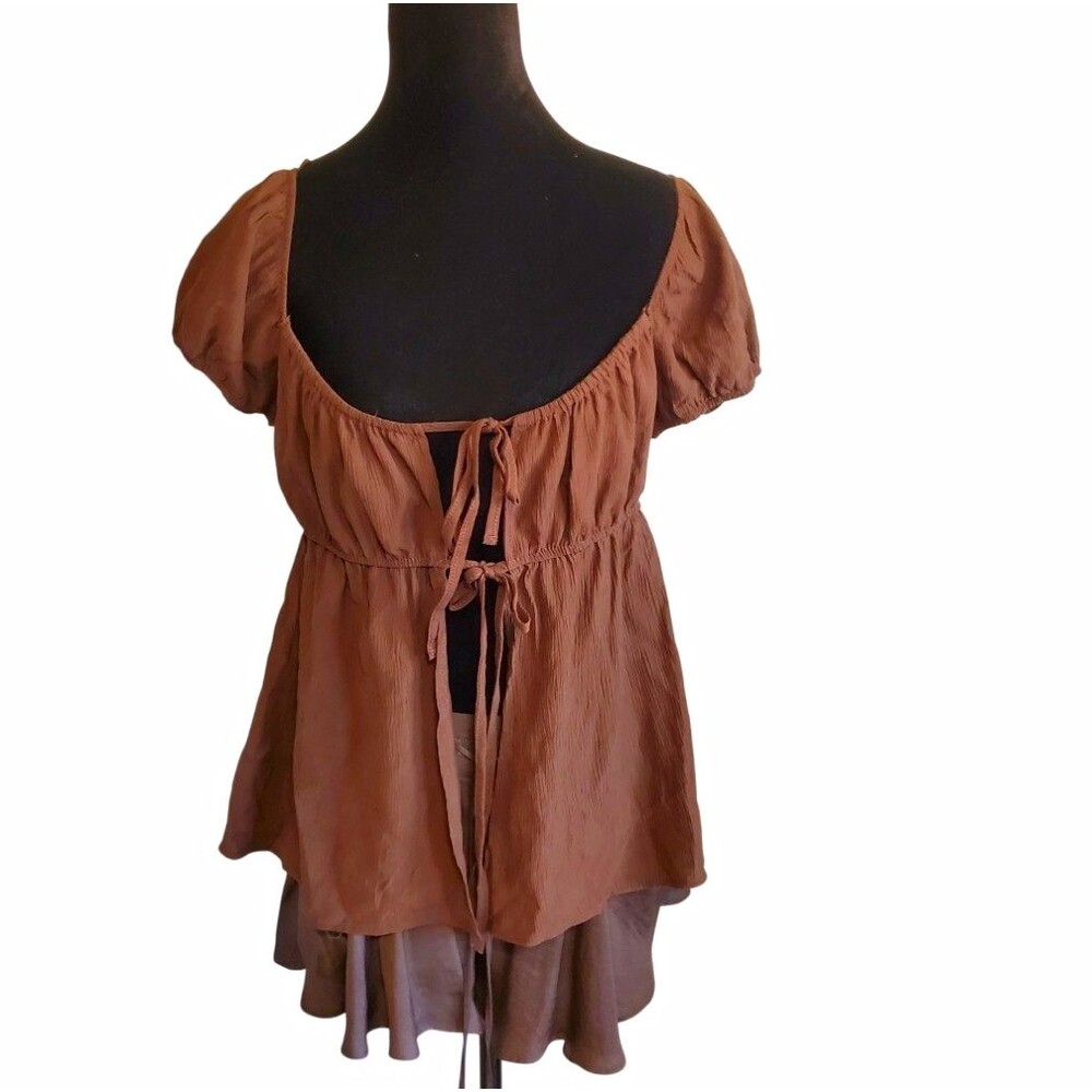 Love Tree Brown Tie Front Milkmaid Top Flyaway Flowy Y2K Cottage Fairy Grunge S